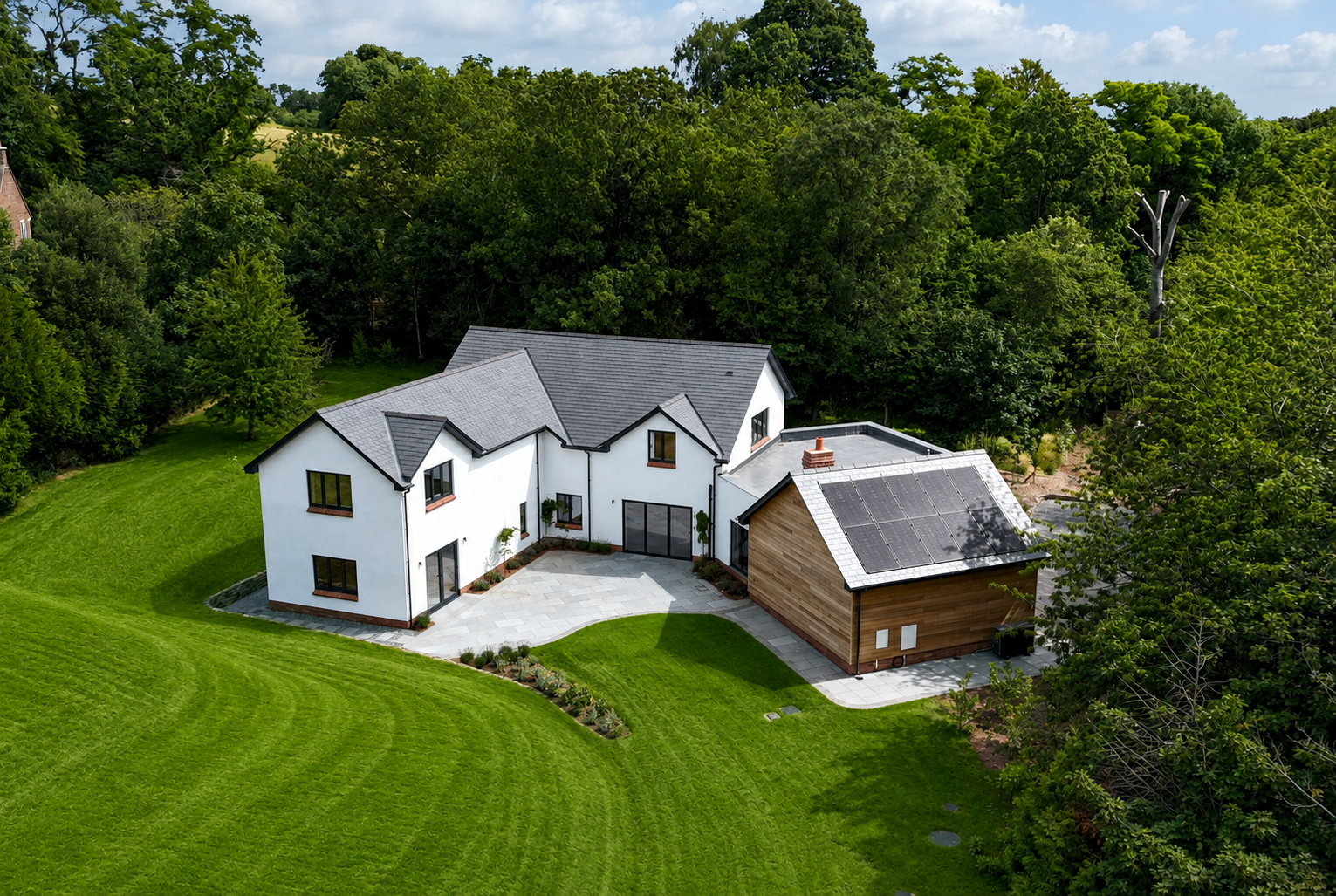Aerial view of a contemporary rendered home and garden